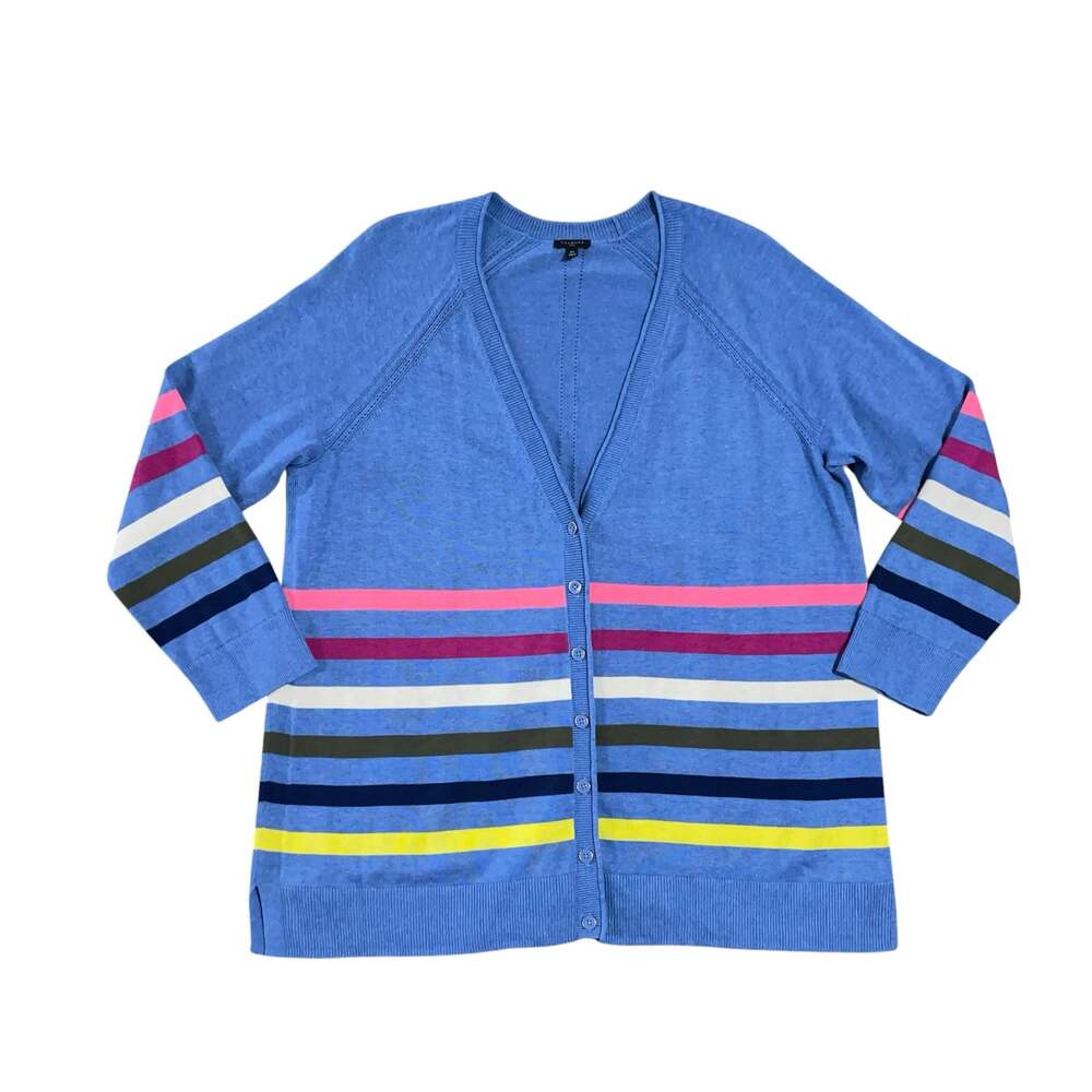 Talbots Striped Cardigan Plus 2X Blue Pink Cotton Blend Preppy Coastal Old Money